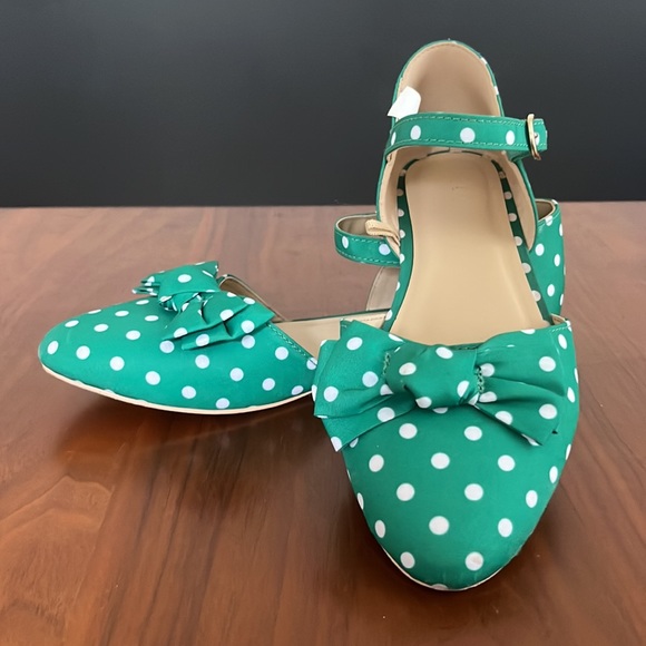 Janie and Jack, DOT BOW FLATS, green and white, size 3 - Picture 3 of 7